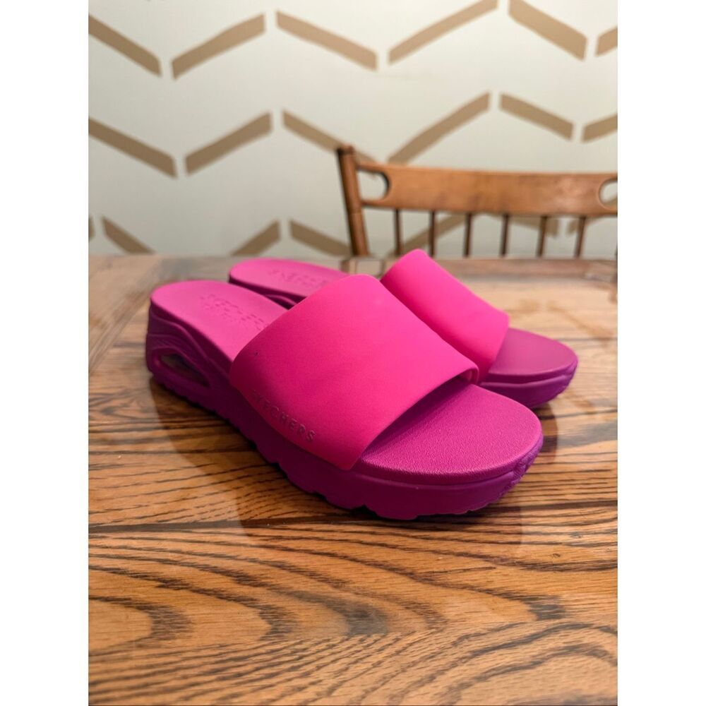 Skechers Hot Pink Uno Stand Together Platform Heel Slip On Slide Sandals Size 7